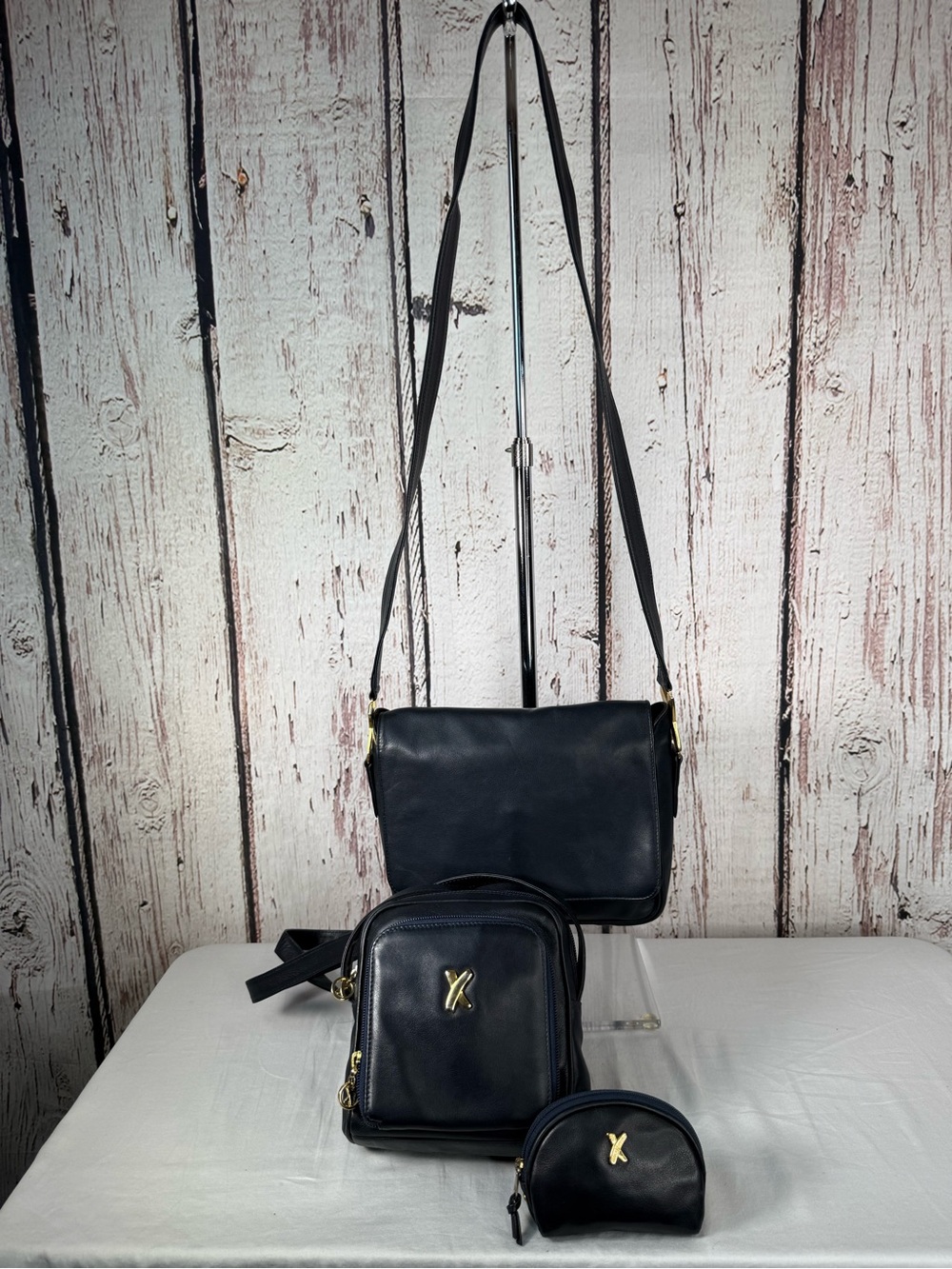 3PC Vintage Paloma Picasso Navy Leather Purse Shoulder Crossbody Bag LOT Bundle